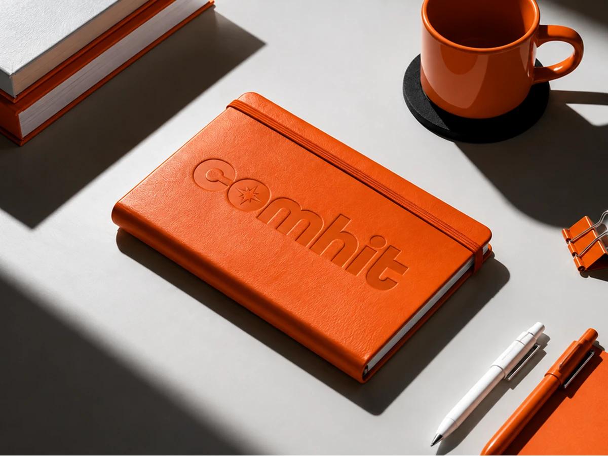 Identité visuelle de Comhit Agency, système graphique orange et noir