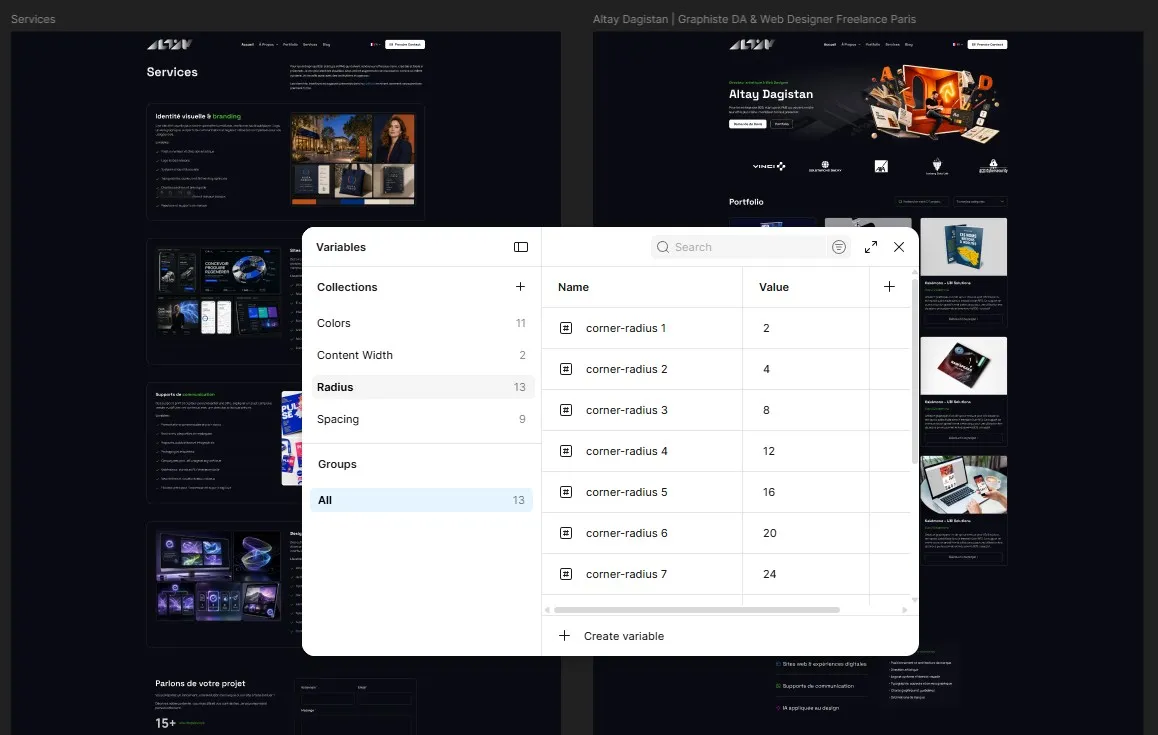 Capture de Figma montrant les maquettes Services et Accueil d’altaydagistan.com avec le panneau des variables partagées du design system.