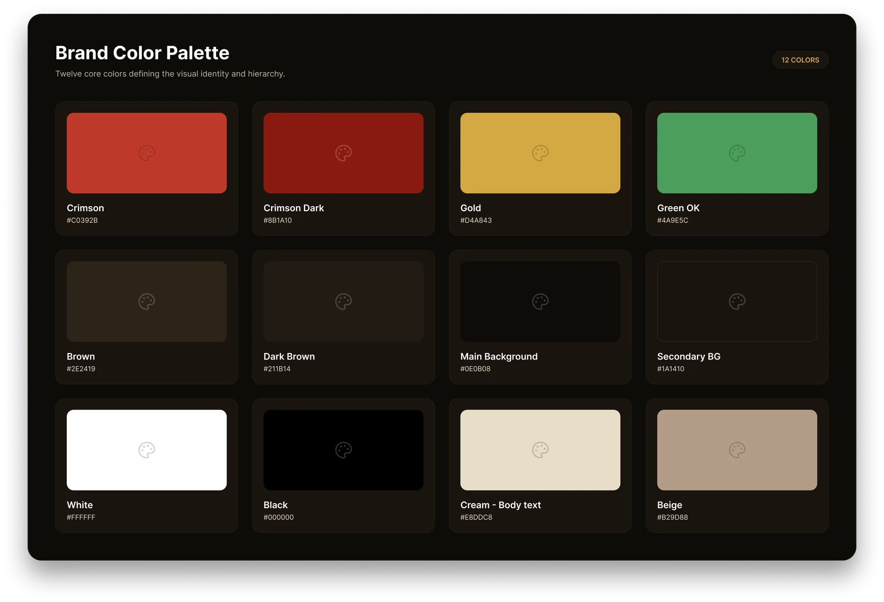 Planche de la palette Gamer Deer : douze couleurs, du cramoisi et de l’or jusqu’aux fonds bruns.