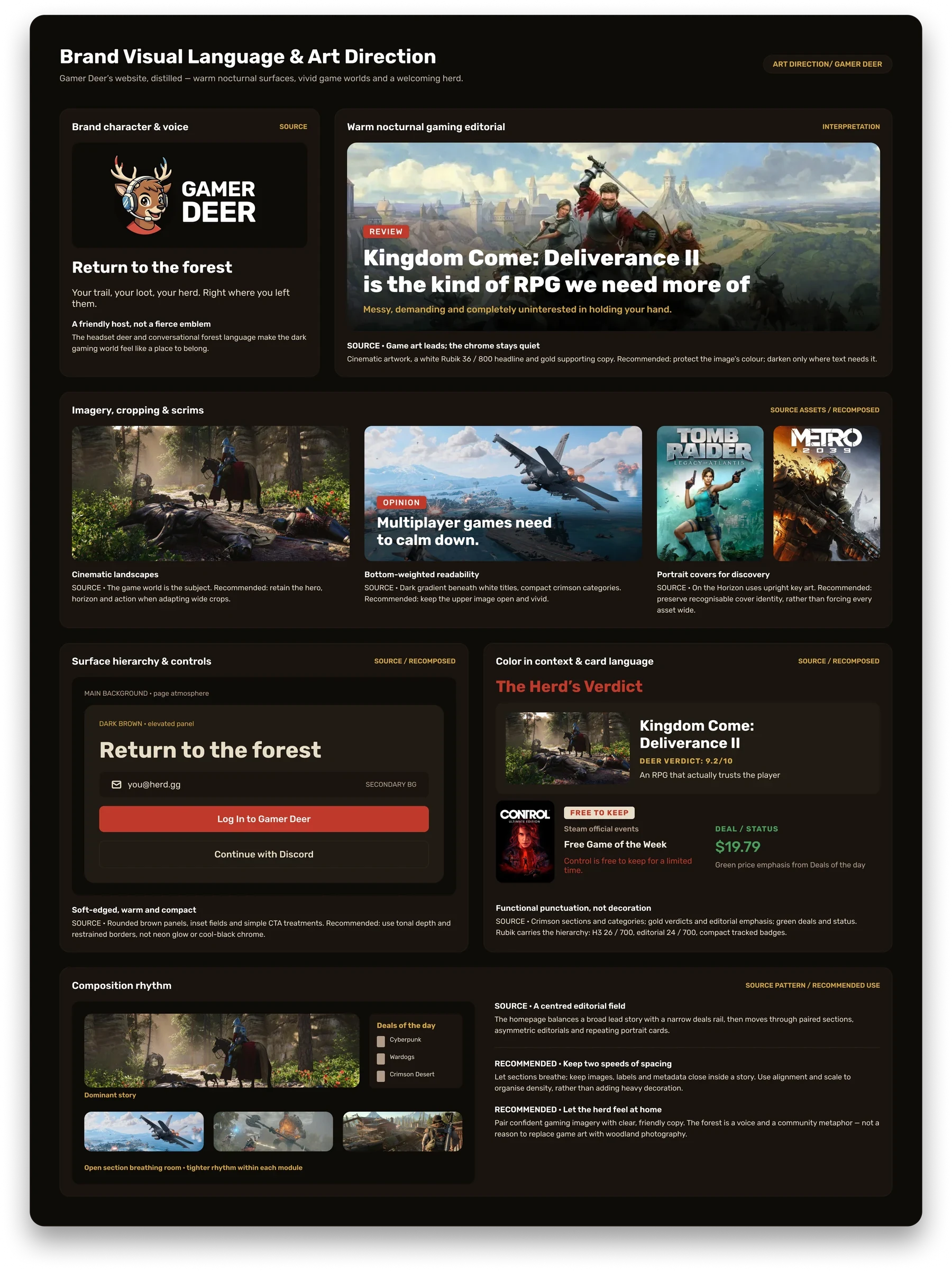 Planche du langage visuel Gamer Deer : voix de la marque, imagerie cinématographique, voiles, surfaces et rythme de composition.