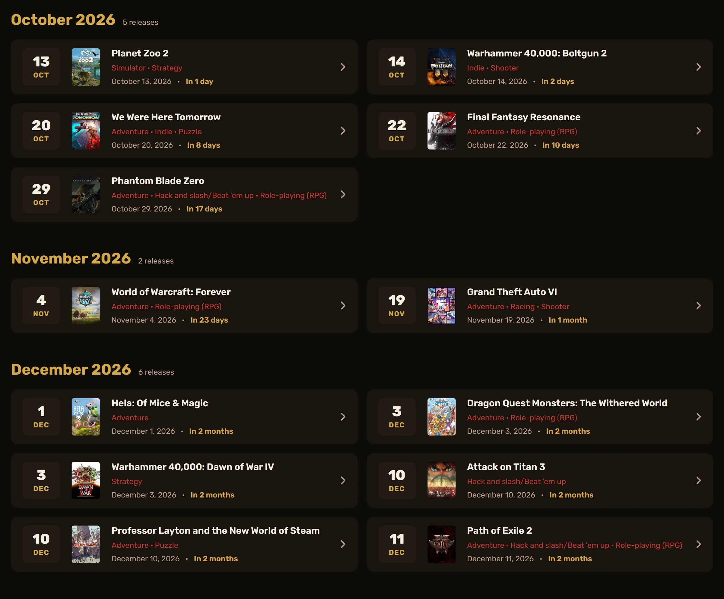 Le calendrier On the Horizon : les sorties d’octobre à décembre 2026 avec dates, jaquettes, genres et comptes à rebours.