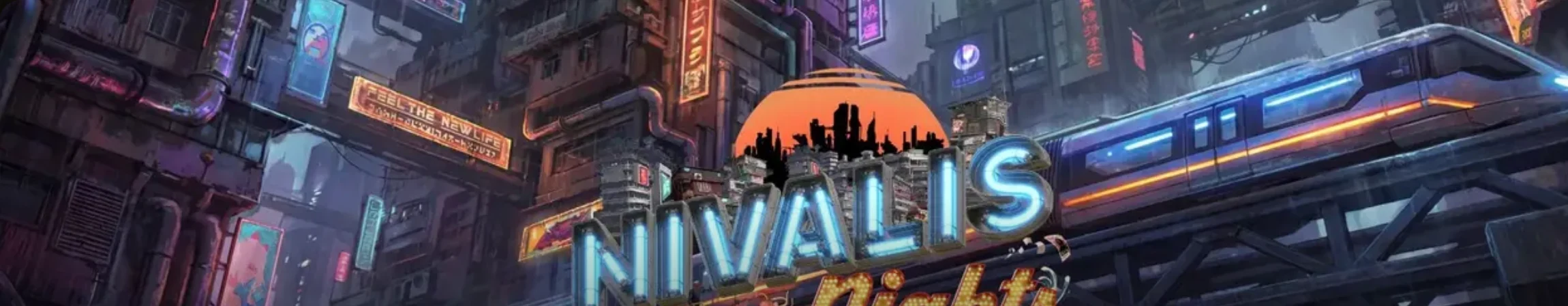 Visuel de Nivalis Nights issu de la page bons plans : une ville cyberpunk aux néons au crépuscule, un métro aérien et le logo lumineux du jeu.