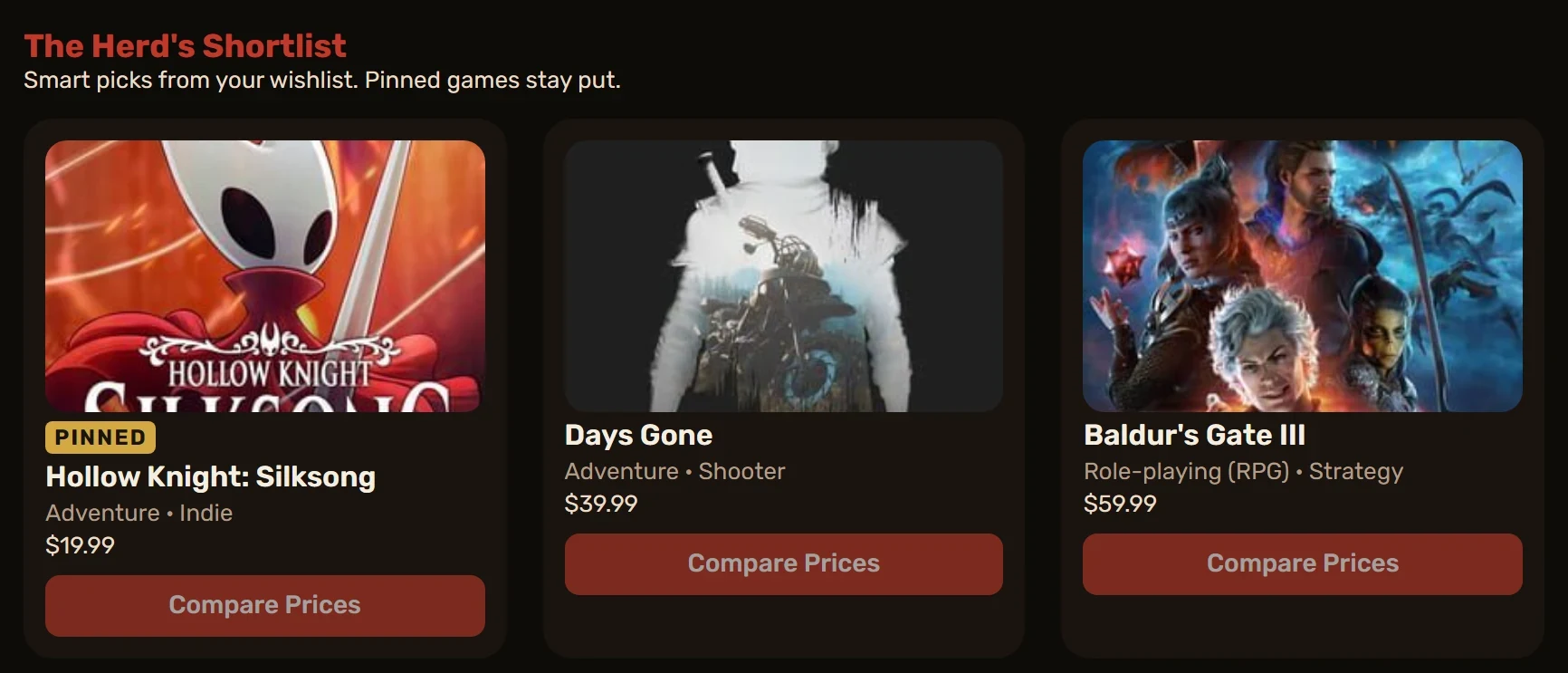 The Herd’s Shortlist dans l’espace membre : Hollow Knight: Silksong épinglé, Days Gone et Baldur’s Gate III avec leurs prix.