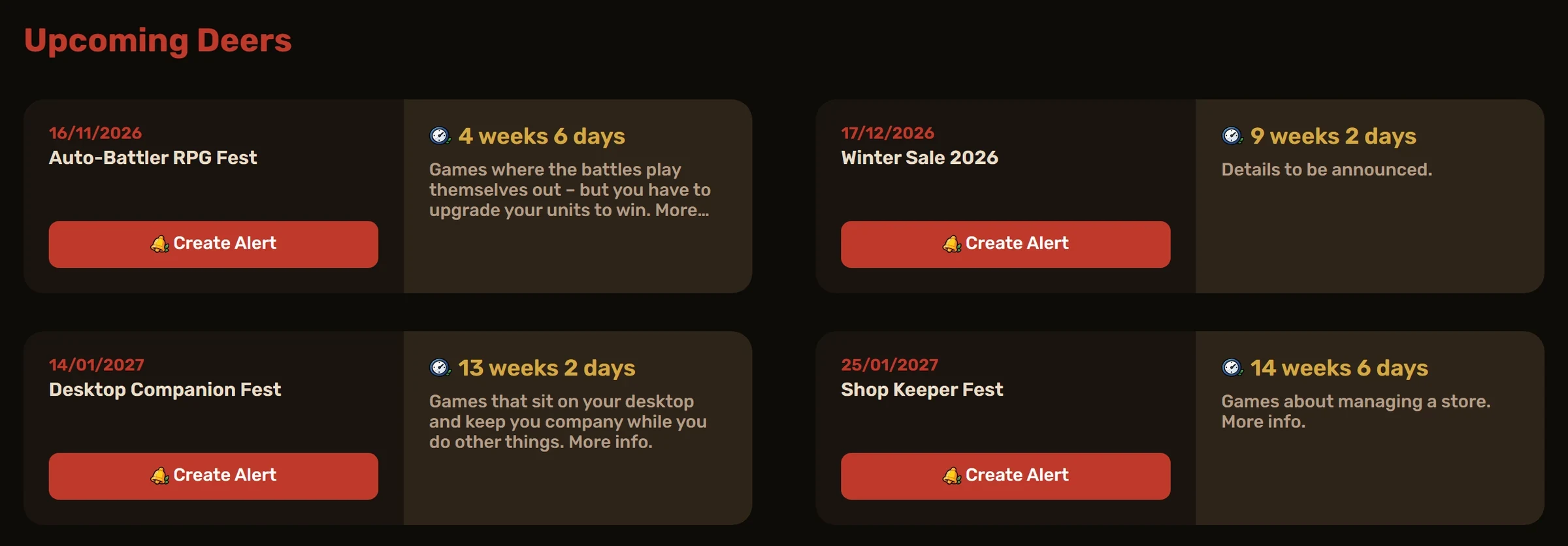Upcoming Deers : les prochaines soldes de boutiques avec leur date, un compte à rebours en semaines et jours, et un bouton Create Alert.