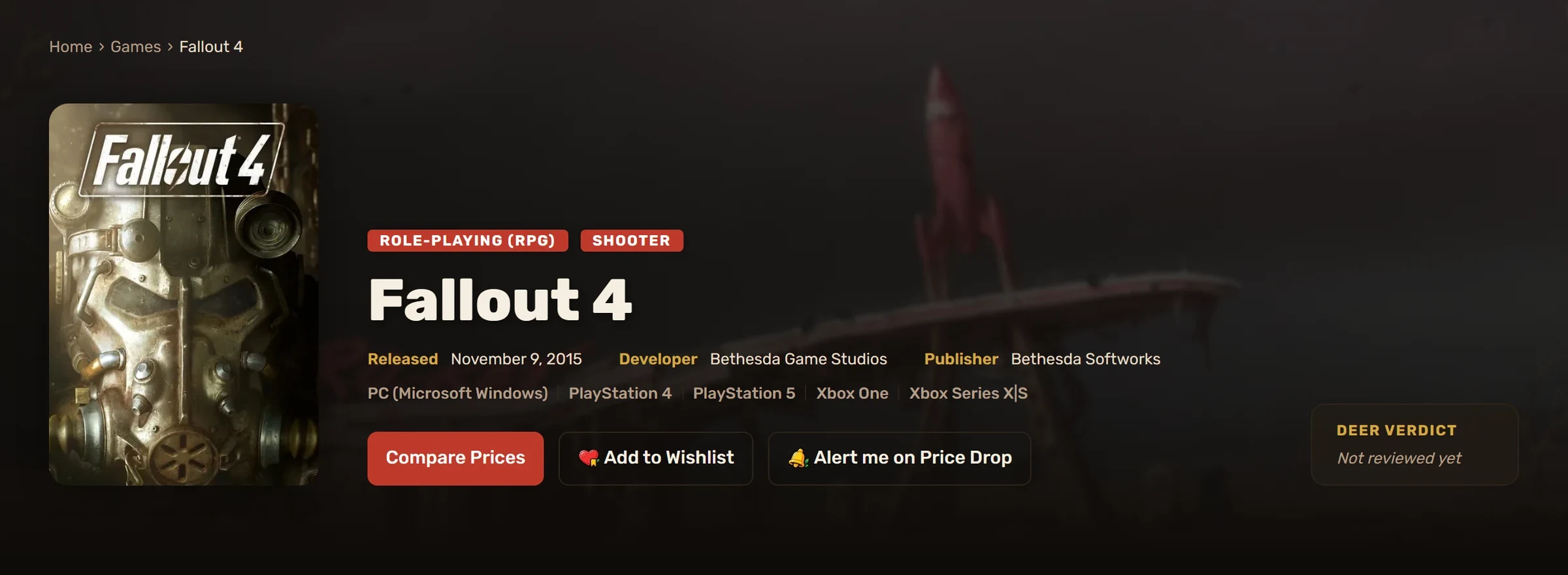 En-tête de la fiche jeu de Fallout 4 sur un décor de terres désolées assombri.
