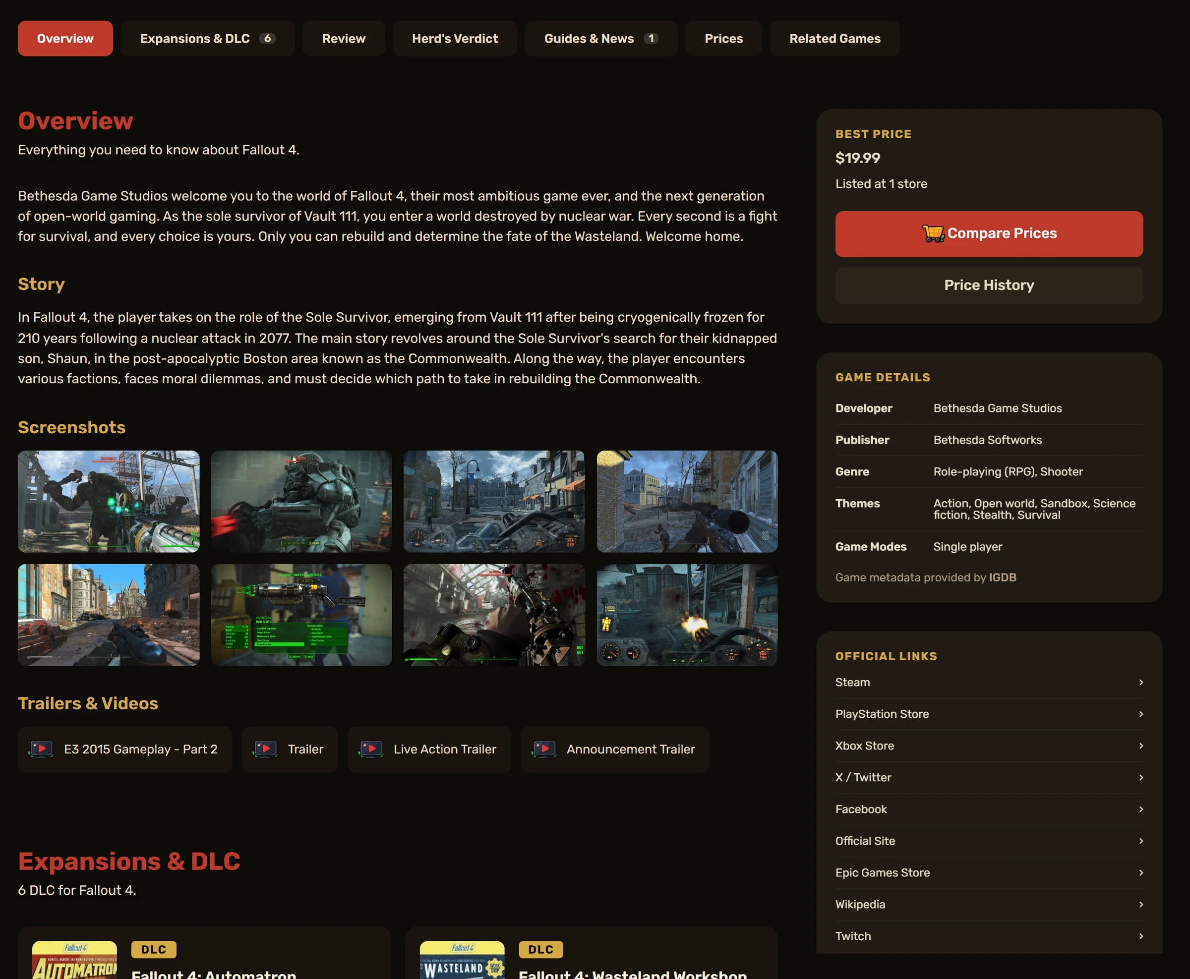 Fiche de Fallout 4 : présentation, histoire, captures, bandes-annonces, extensions, et une colonne avec le meilleur prix, les détails du jeu et les liens officiels.