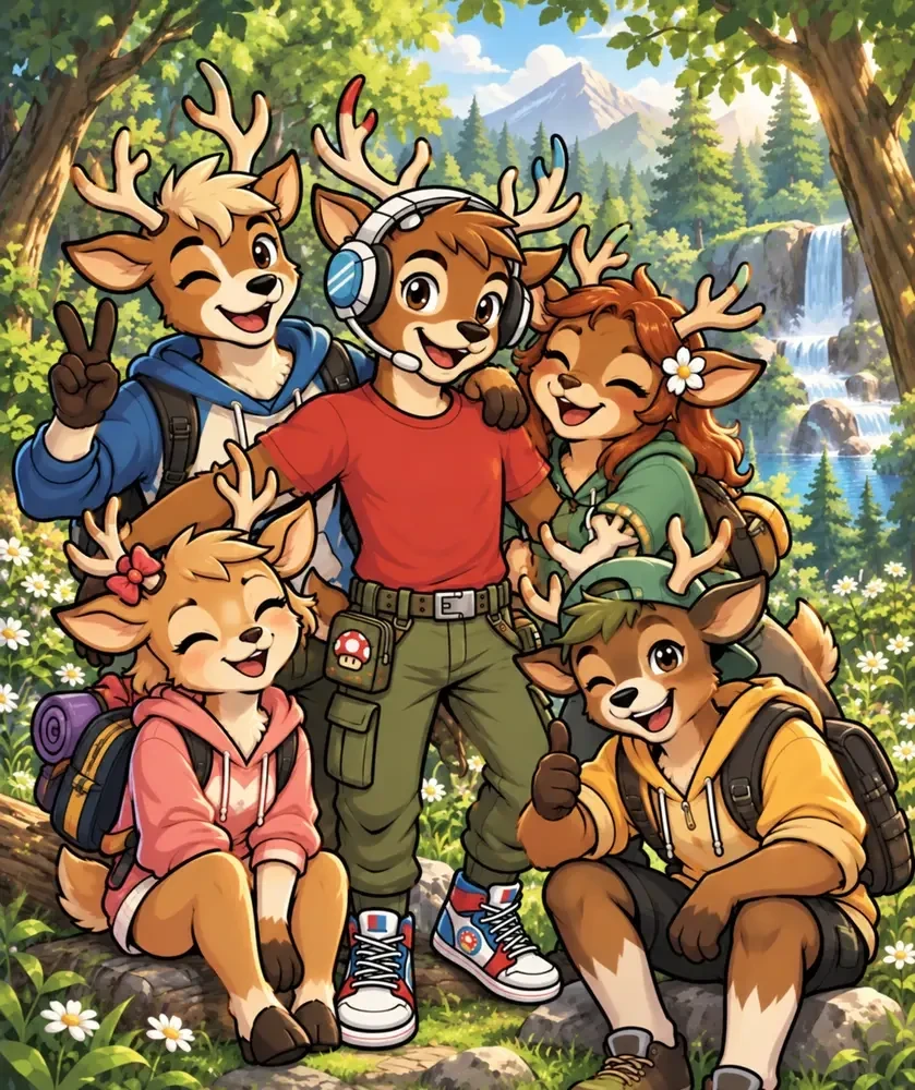 Illustration de la Herd : un groupe de cerfs souriants en tenue décontractée, dont l’un porte le casque de la mascotte, réunis dans une forêt ensoleillée.
