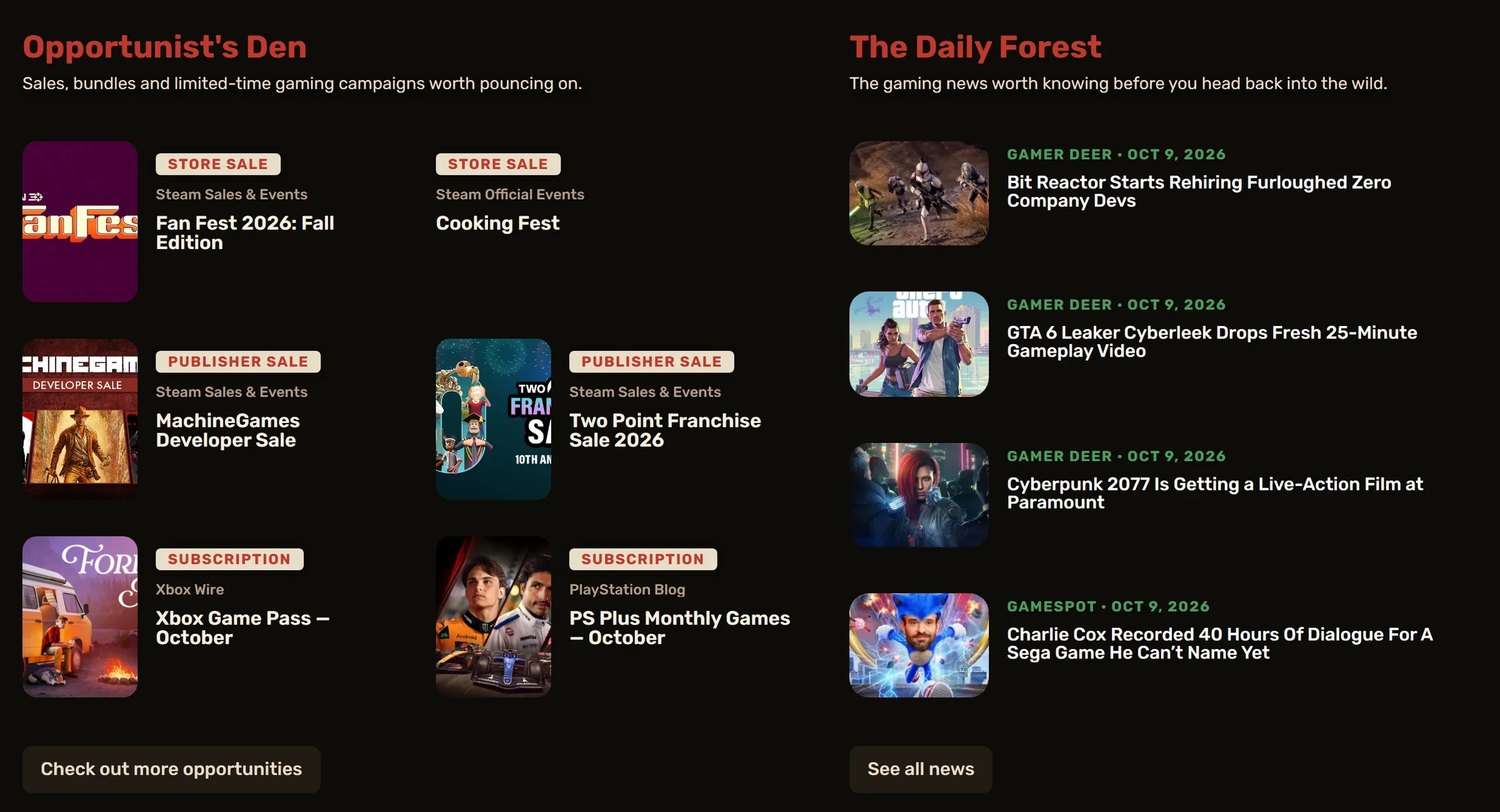 Opportunist’s Den et The Daily Forest sur la page d’accueil : des soldes avec étiquettes Store Sale, Publisher Sale et Subscription, à côté d’actualités datées.