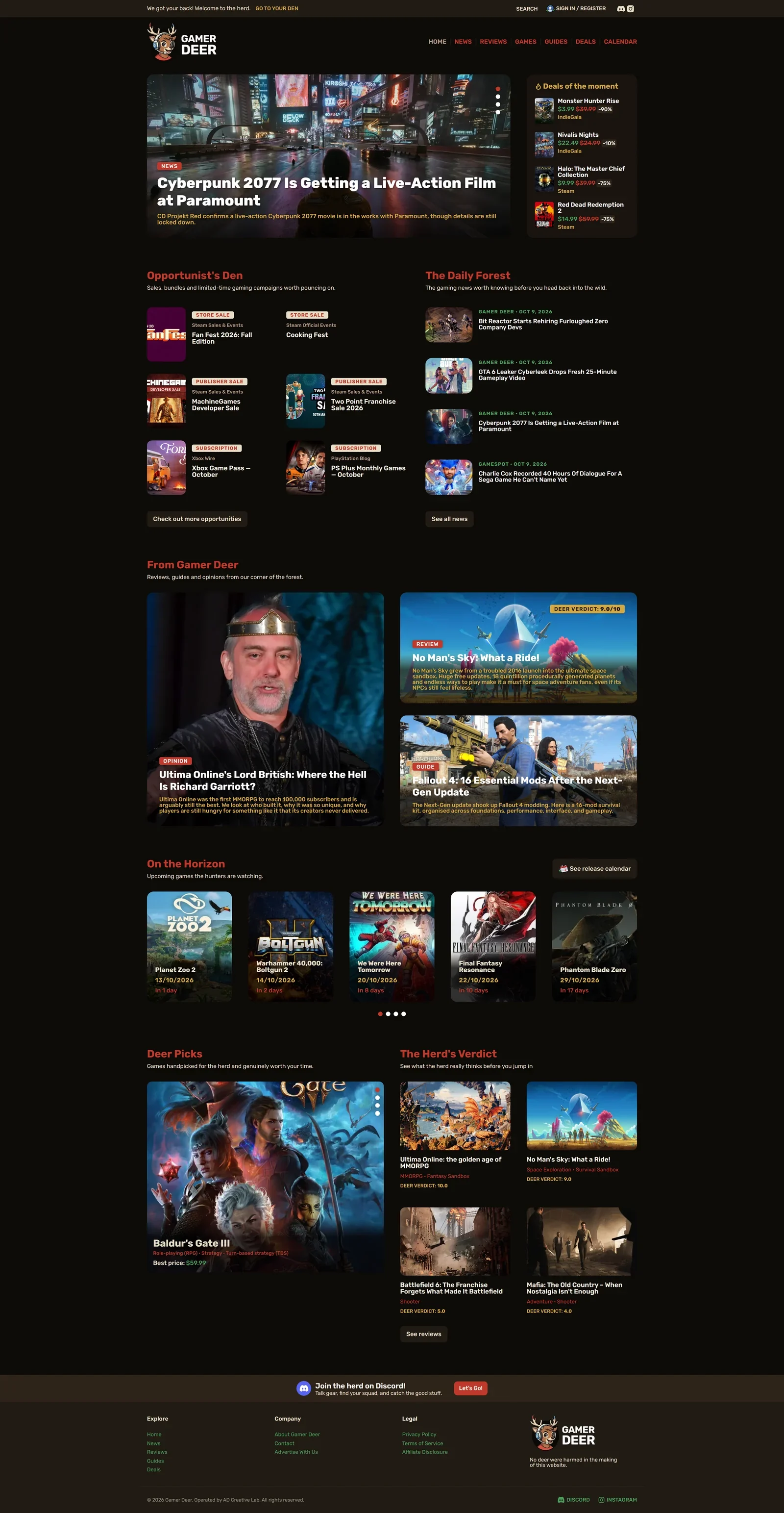 La page d’accueil complète de Gamer Deer : article à la une et bons plans, Opportunist’s Den, The Daily Forest, From Gamer Deer, On the Horizon, Deer Picks, The Herd’s Verdict et pied de page.