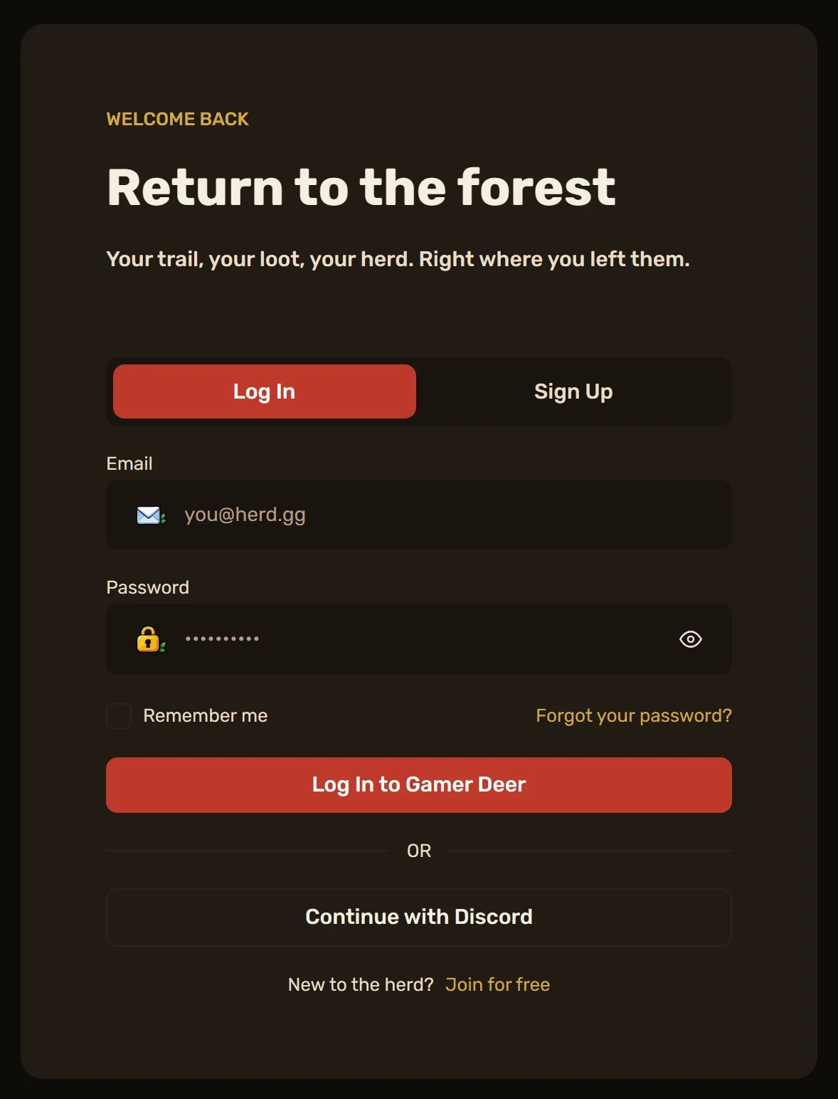 Carte de connexion Gamer Deer titrée Return to the forest, avec champs e-mail et mot de passe, bouton cramoisi Log In et connexion via Discord.