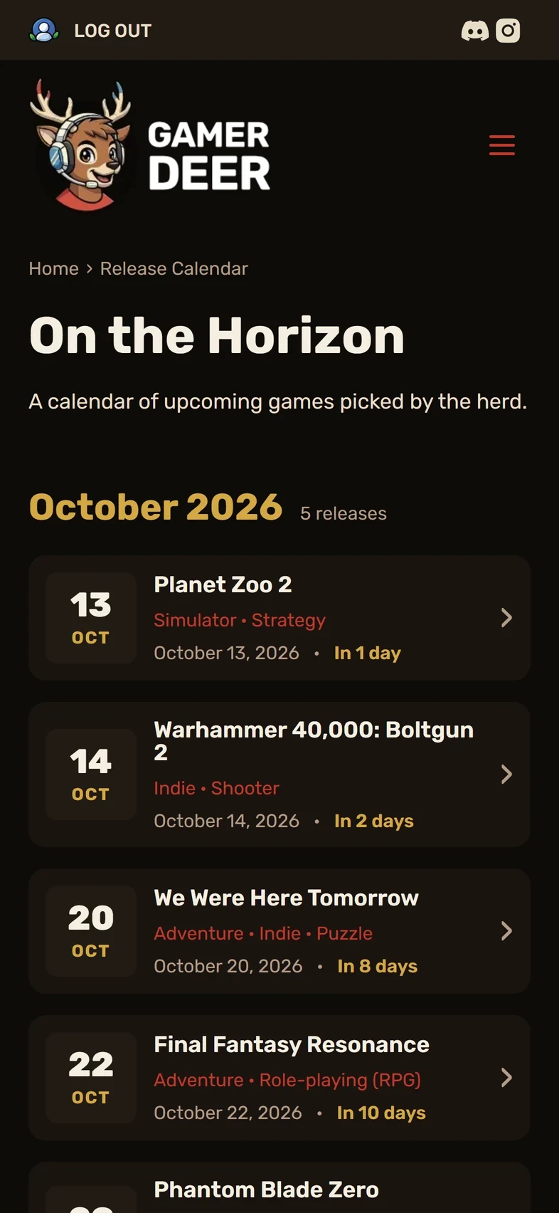 Le calendrier On the Horizon sur téléphone : les sorties d’octobre 2026 en lignes datées.