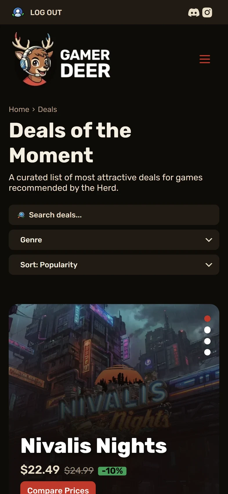 Deals of the Moment sur téléphone : recherche, filtres de genre et de tri empilés au-dessus du visuel de Nivalis Nights.