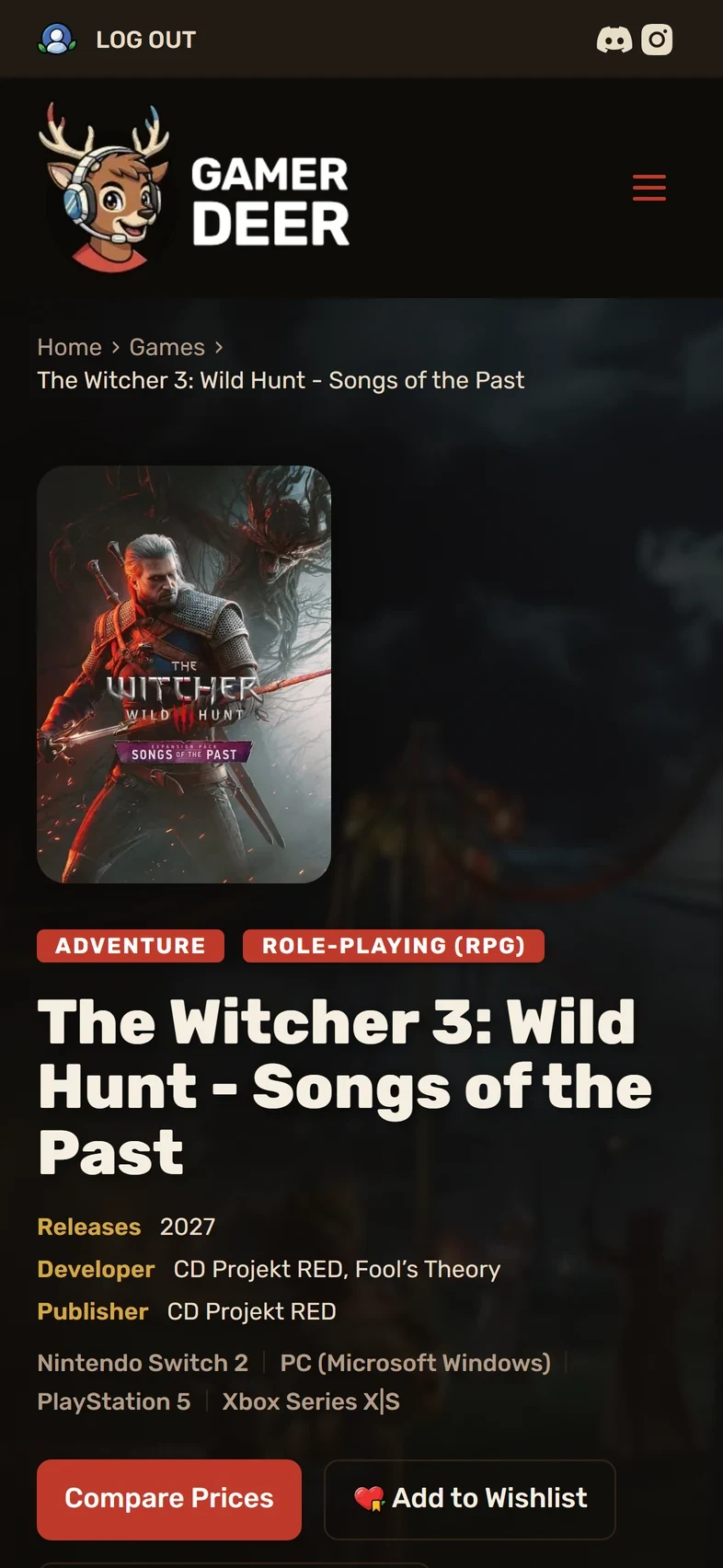 La fiche jeu de The Witcher 3 sur téléphone : jaquette, genres, informations de sortie et Compare Prices.