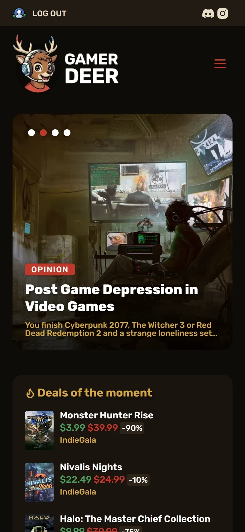 La page d’accueil de Gamer Deer sur téléphone : en-tête, carrousel d’articles et liste Deals of the moment.