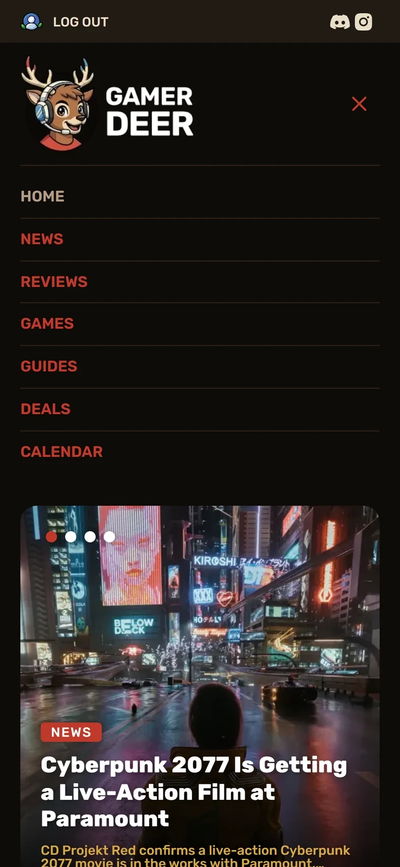 Le tiroir de navigation mobile ouvert sur la page d’accueil, avec les sept rubriques principales.