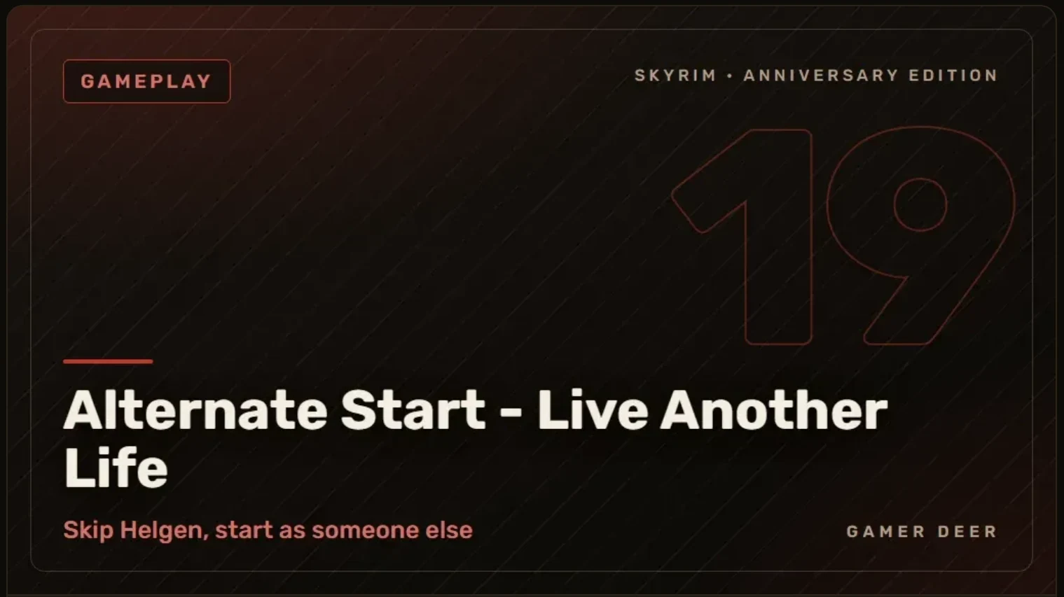 Couverture typographique du mod 19, Alternate Start, dans le rouge de la catégorie Gameplay.