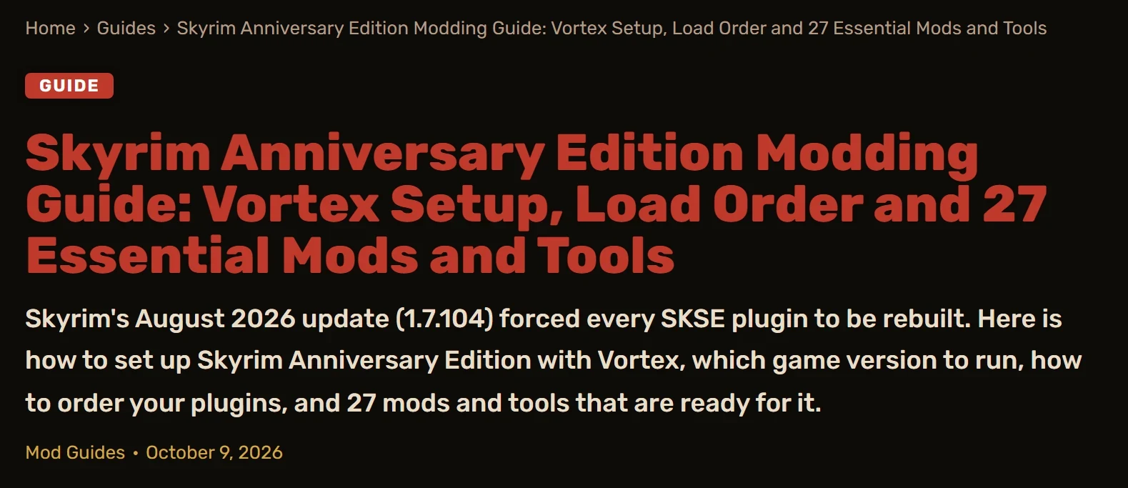 En-tête du guide de modding de Skyrim Anniversary Edition : étiquette rouge Guide, titre cramoisi et chapô.