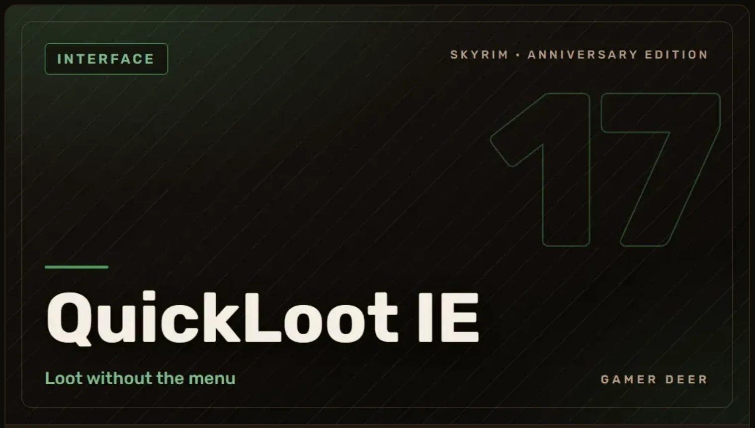 Couverture typographique du mod 17, QuickLoot IE, dans le vert de la catégorie Interface.