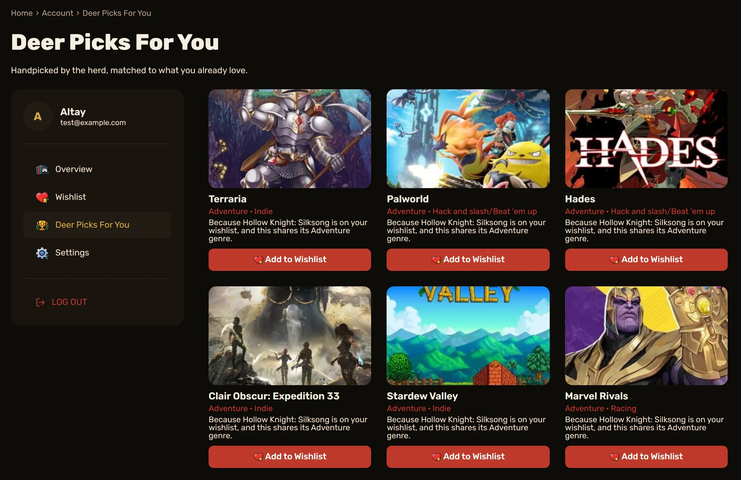 Deer Picks For You : six jeux recommandés, chacun avec la raison de sa sélection et un bouton Add to Wishlist.