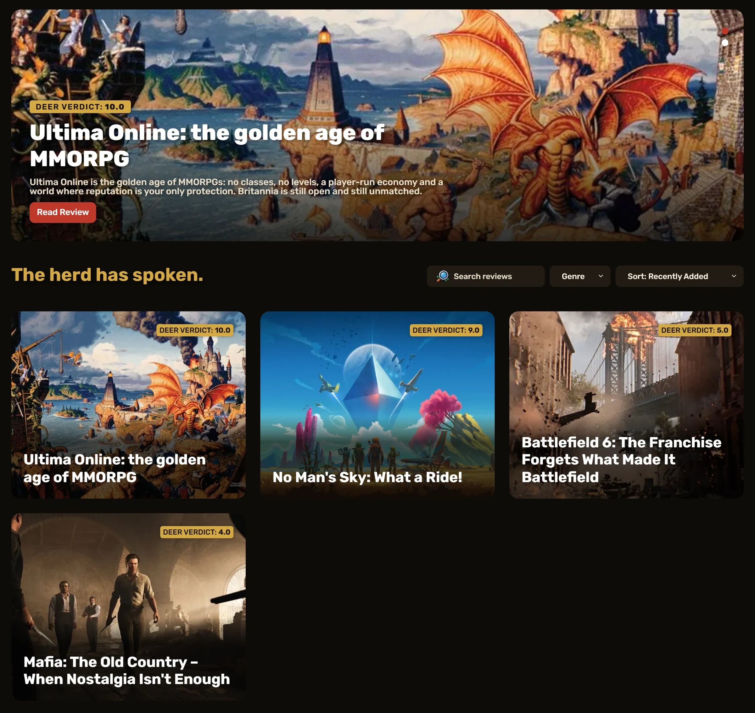 La page des tests The Herd’s Verdict : un grand visuel d’Ultima Online avec un verdict doré de 10.0, puis des cartes de tests avec leurs badges.