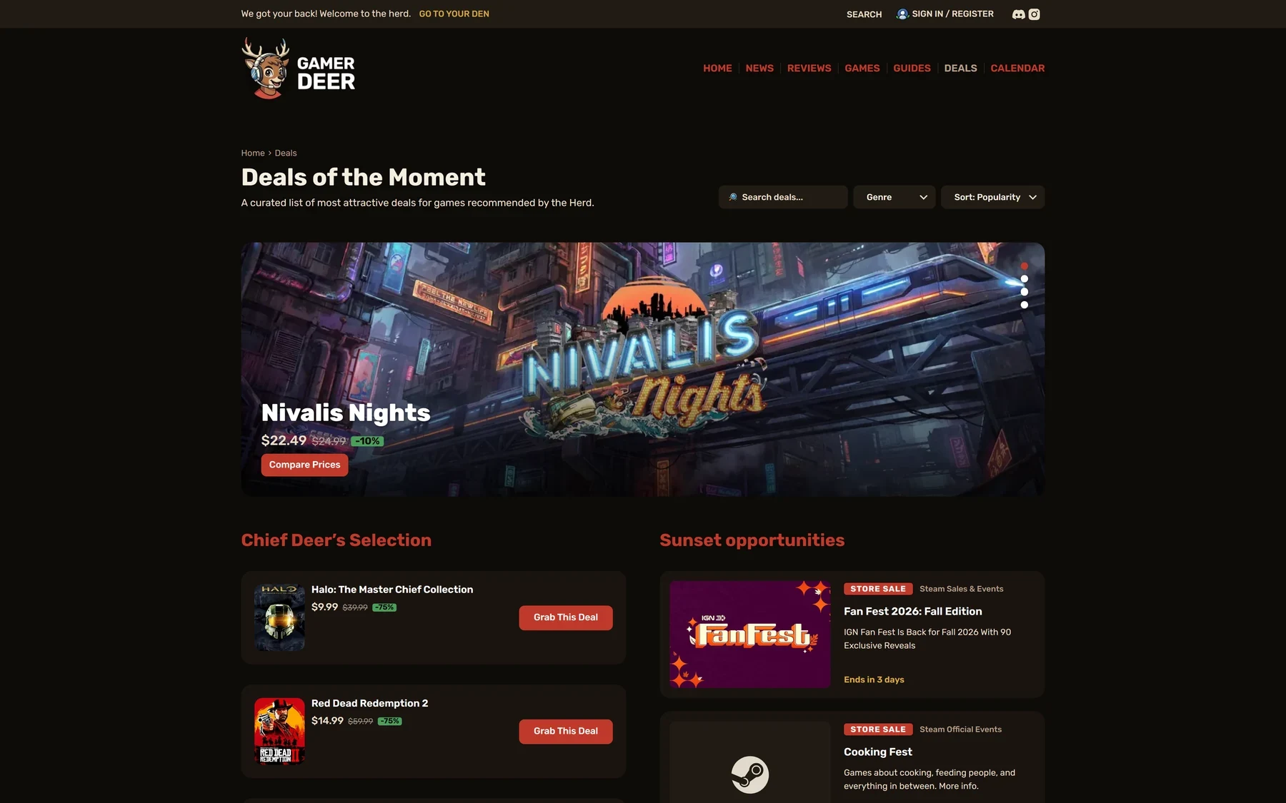 La page Deals of the Moment : un grand visuel de Nivalis Nights avec son prix remisé et un bouton Compare Prices.