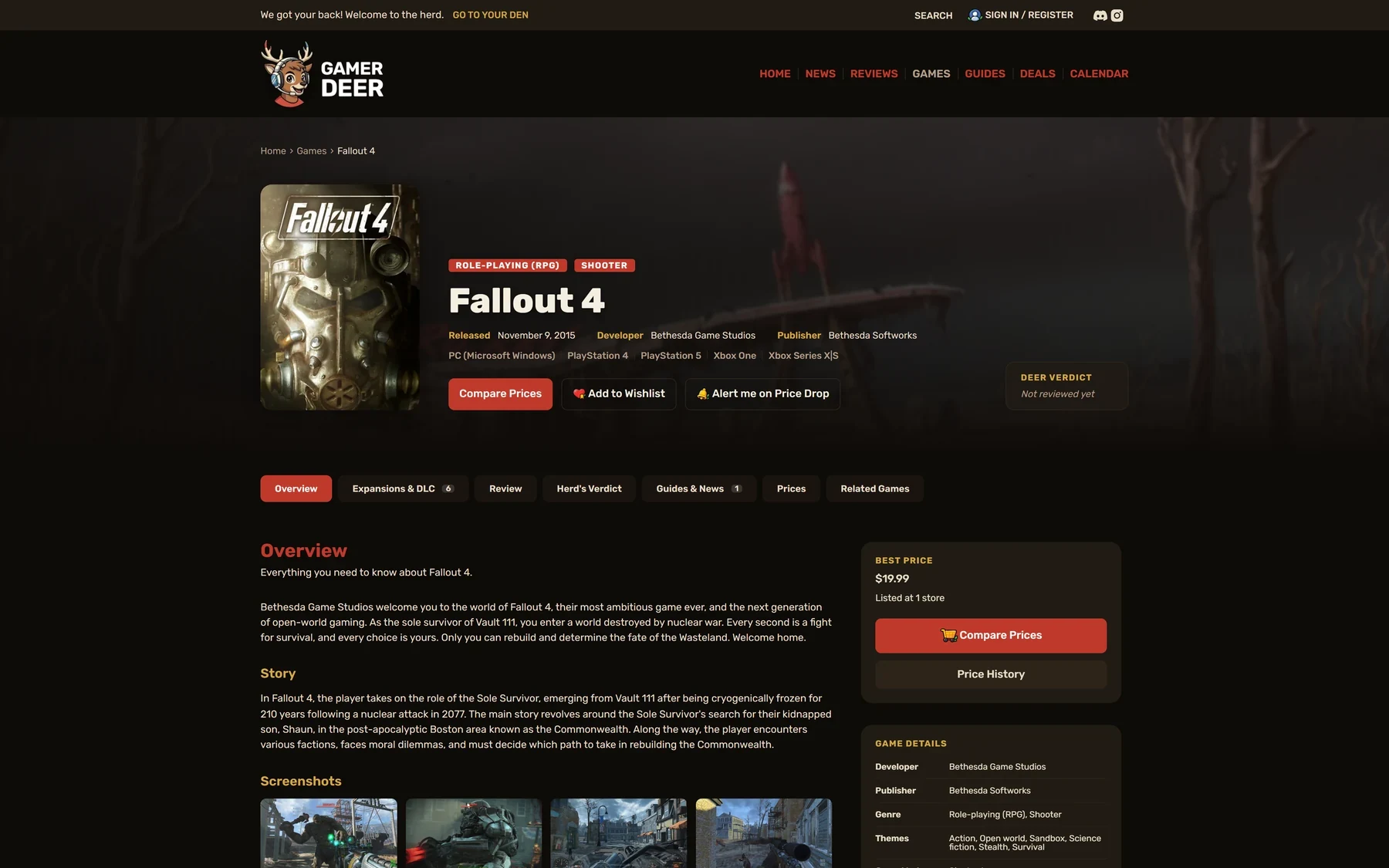 La fiche jeu de Fallout 4 : jaquette, genres, informations de sortie, boutons Compare Prices, Add to Wishlist et alerte de baisse de prix.