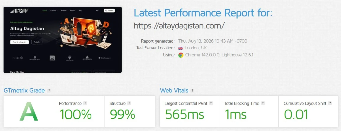 Rapport GTmetrix d’altaydagistan.com : note A, performance 100 %, structure 99 %, LCP 565 ms, TBT 1 ms et CLS 0,01.