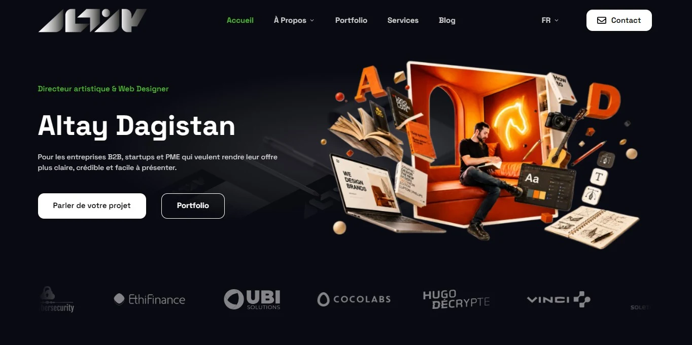 Page d’accueil publique d’altaydagistan.com : hero, navigation et logos clients.