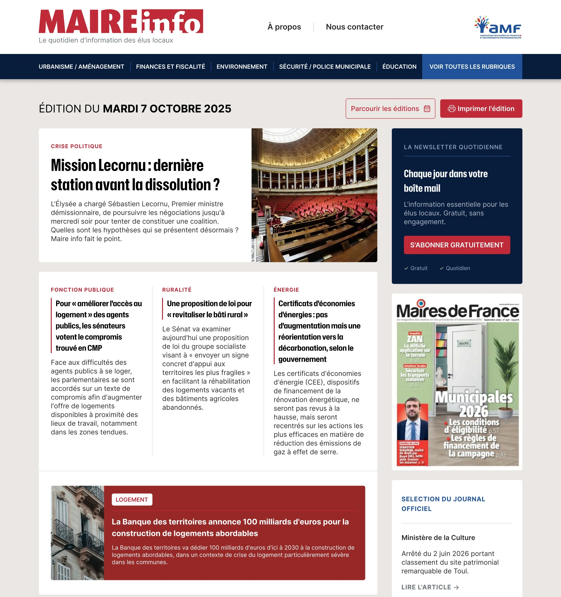 Page d’accueil de Maire info après la refonte : date affirmée, article à la une centré et grille modulaire de sujets secondaires.