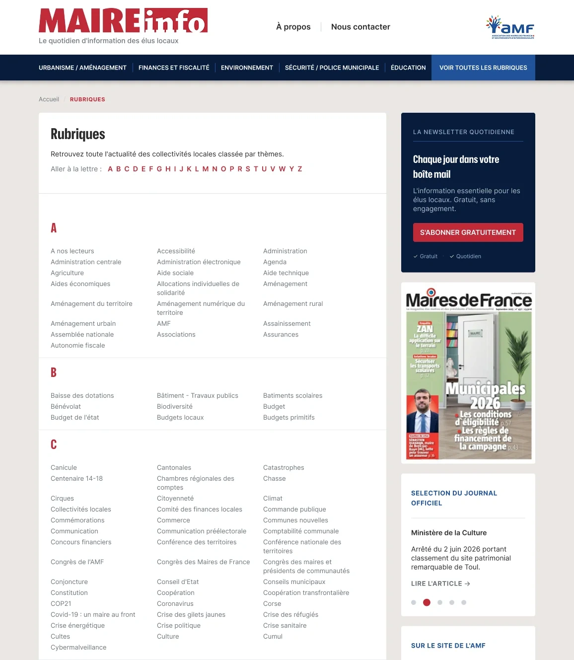 Page des rubriques de Maire info après la refonte : index alphabétique avec accès par lettre et rubriques regroupées.