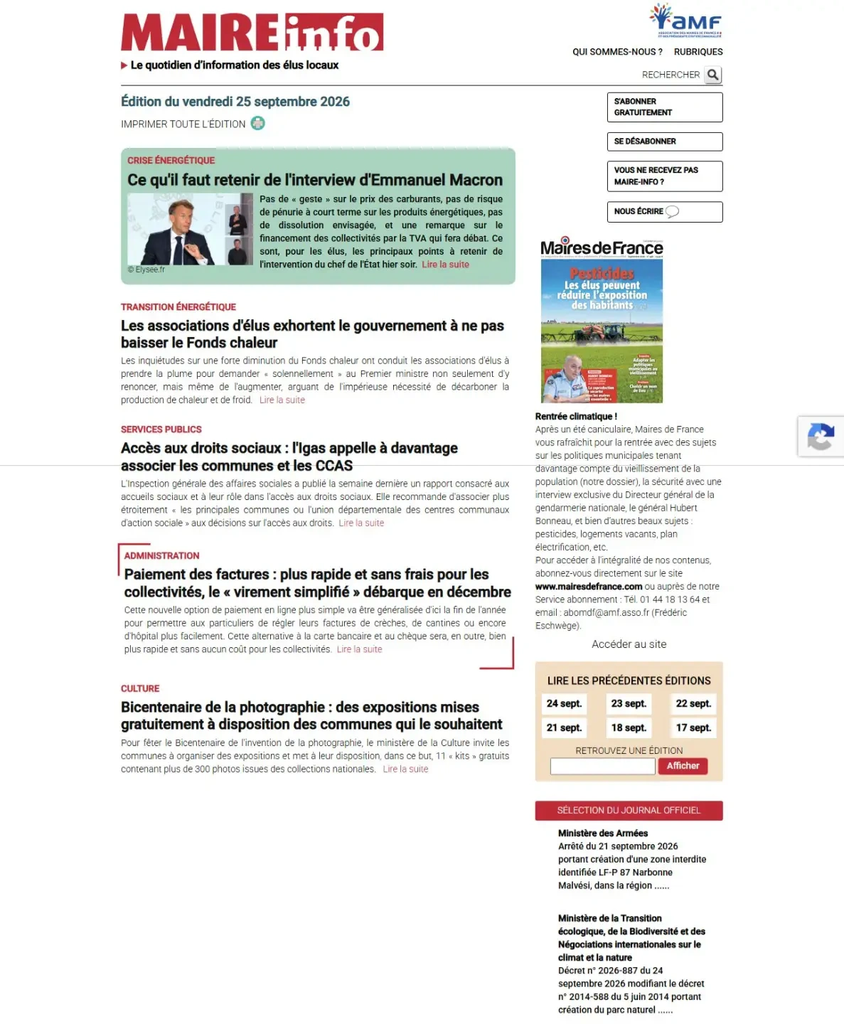 Page d’accueil de Maire info avant la refonte : une colonne dense d’articles et une barre latérale étroite.