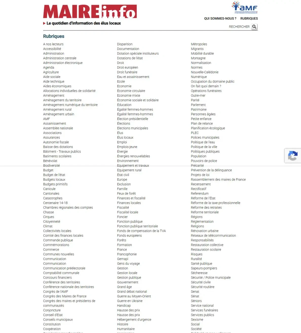 Page des rubriques de Maire info avant la refonte : trois colonnes de liens sans structure visible.