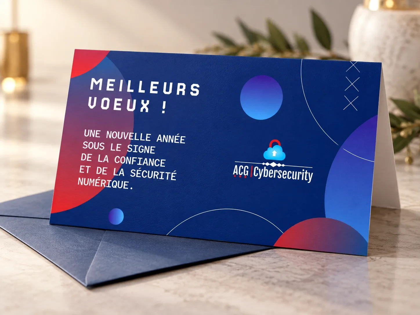 Carte de vœux ACG Cybersecurity, avec le message « Meilleurs vœux » et un décor graphique bleu, rouge et violet.
