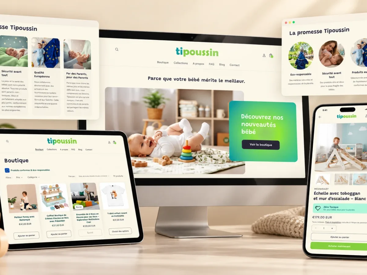 Site e-commerce TiPoussin présenté sur ordinateur, tablette et mobile