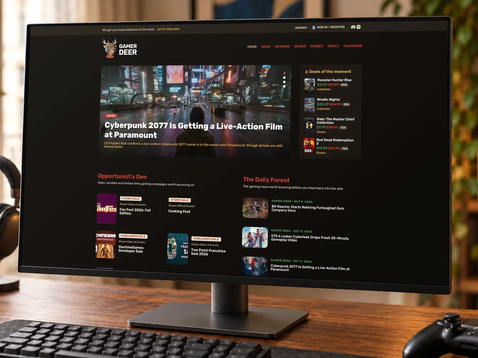 Page d’accueil de Gamer Deer affichée sur un écran de bureau, dans une pièce chaleureuse