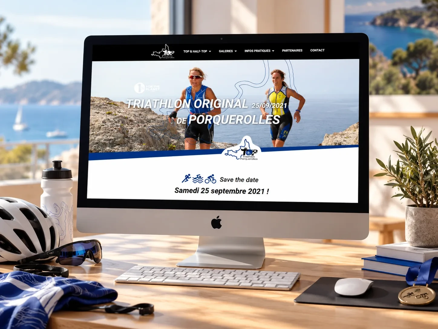 Page d’accueil du Triathlon Original de Porquerolles sur ordinateur avec deux participantes au bord de la mer