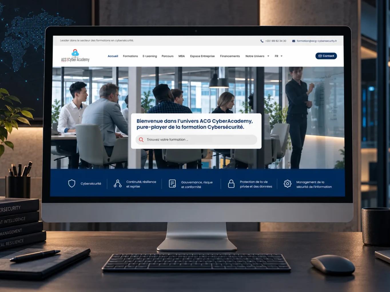 Page d’accueil ACG Cyber Academy sur ordinateur avec recherche de formations en cybersécurité