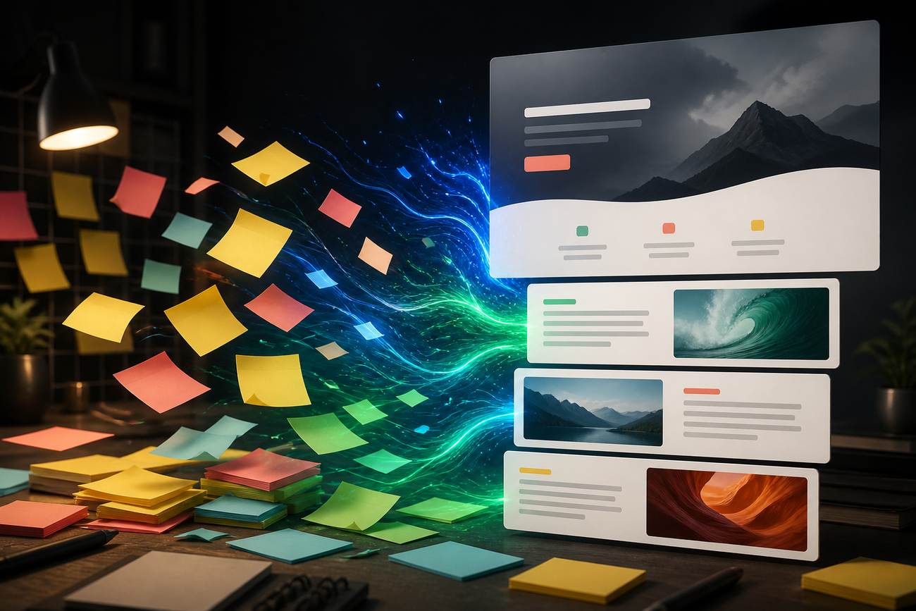 Post-its se transformant en sections de contenu et en interface de landing page