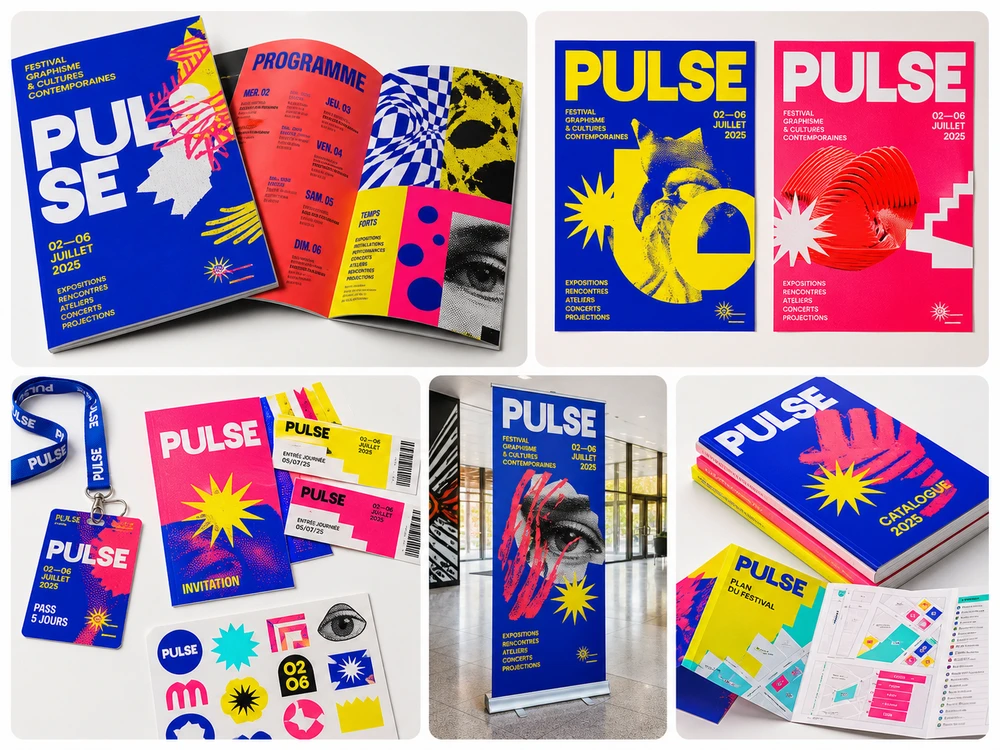 Open brochure with modern graphic design and digital elements, illustrating a visual communication project.