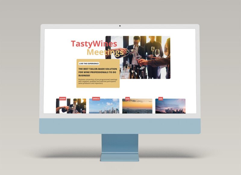 Écran d'ordinateur montrant le site web de TastyWines Meetings avec des images de vins et de réunions.