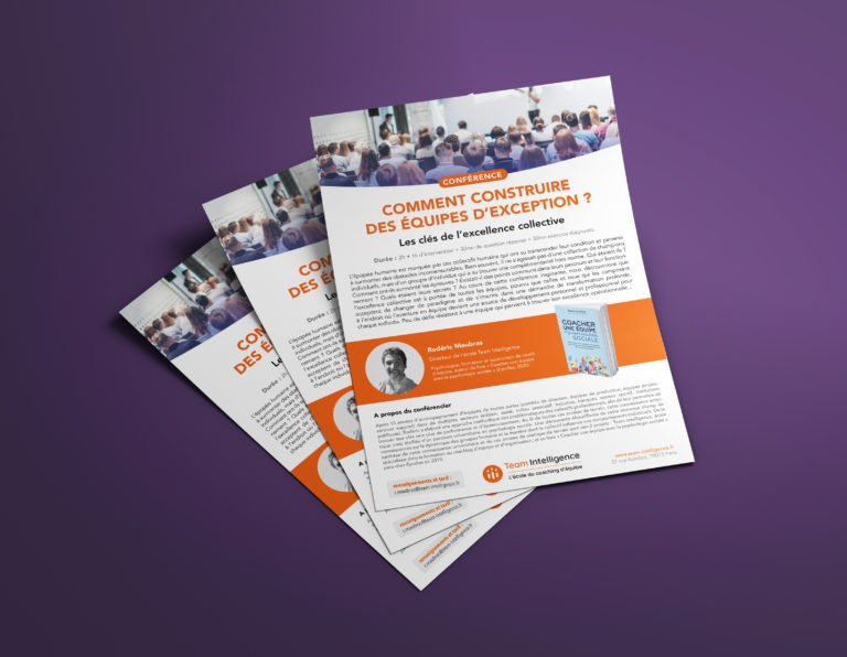 Brochure de conférence sur la construction d'équipes, design moderne et élégant, fond violet.