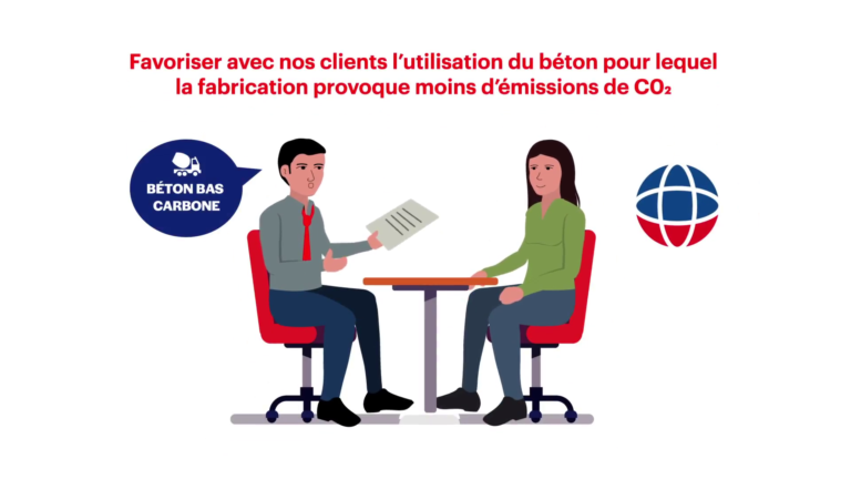 Ekolojik çözümleri vurgulayan, düşük karbonlu beton kullanımına ilişkin profesyonel iletişim illüstrasyonu.