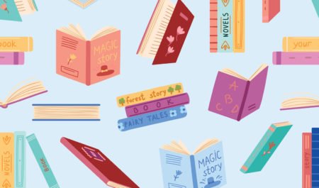 Illustration colorée de livres pour un projet de graphisme axé sur la communication visuelle et la conception graphique.