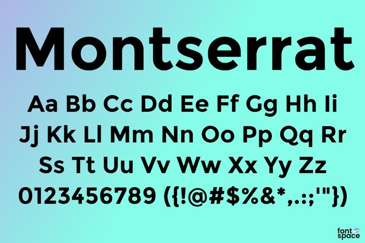 Typographie Montserrat moderne, idéale pour projets de design graphique et web, avec alphabet et caractères spéciaux affichés.