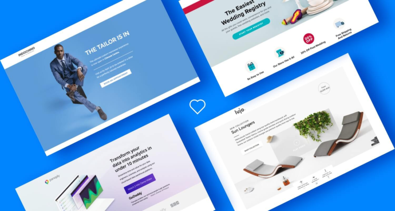 Four modern website designs illustrating graphic design projects and creative branding on a blue background.