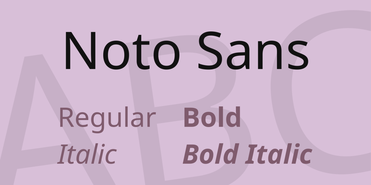 Police Noto Sans en variantes régulière, gras, italique et gras italique, sur fond violet pour design graphique élégant.