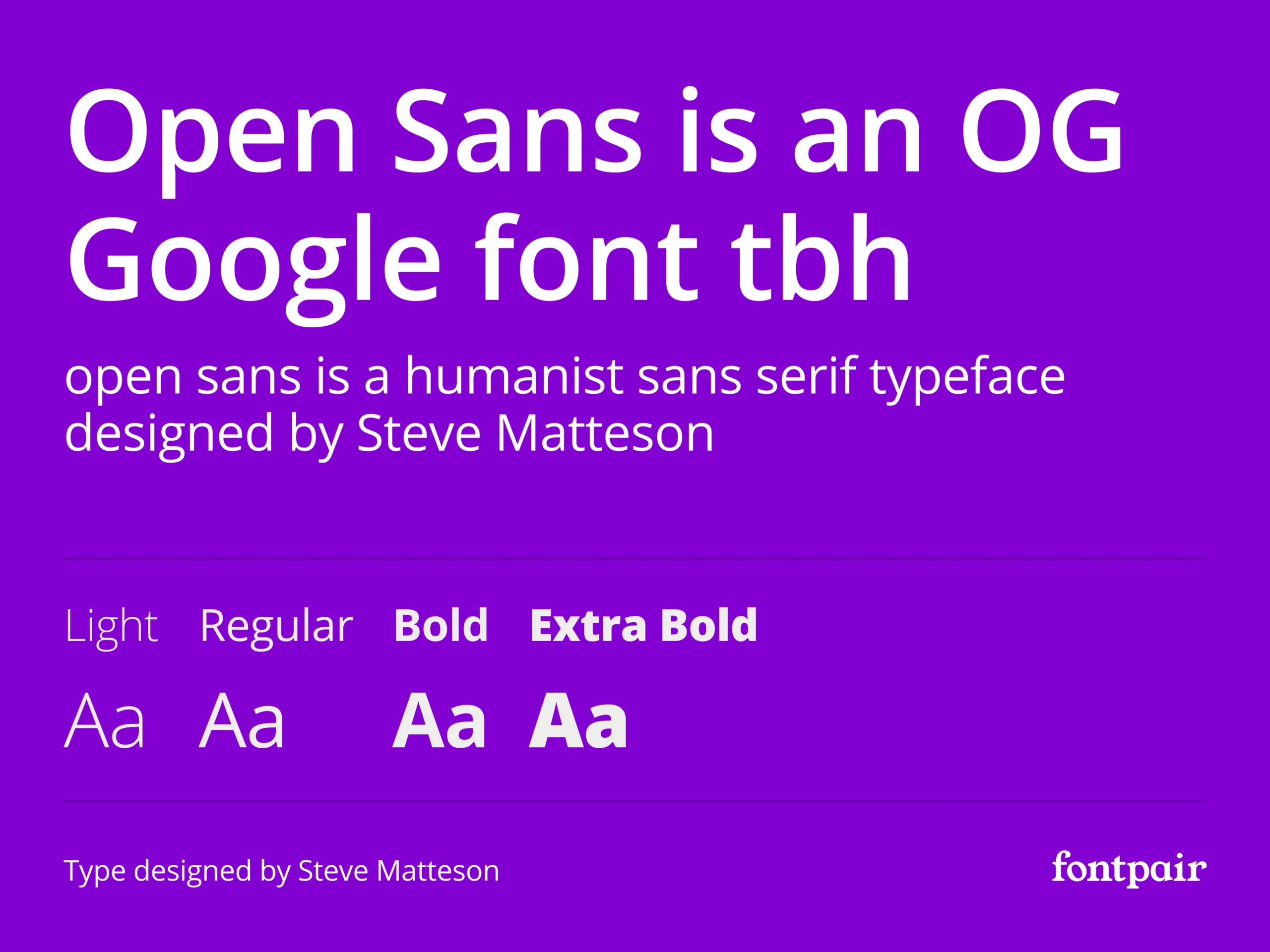 Police Open Sans sur fond violet présentant différentes graisses, idéale pour le design graphique et le branding.