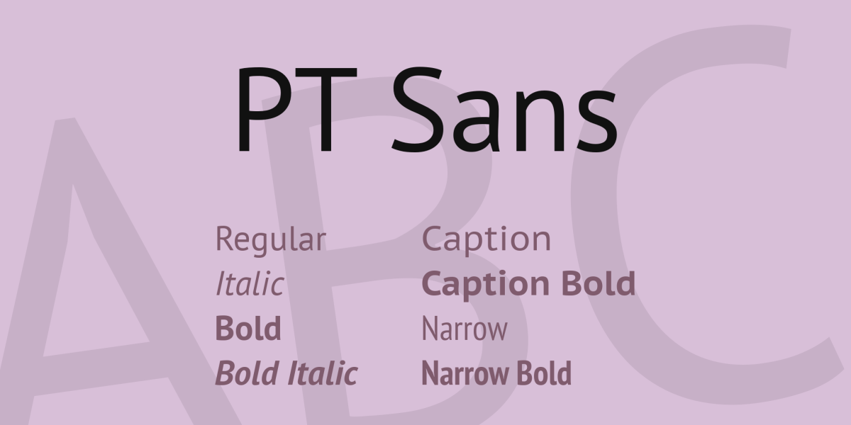 Typographie PT Sans variée : Regular, Italic, Bold, illustrant la diversité pour projets de design visuel et branding.