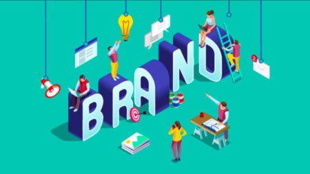 Illustration du processus de conception de marque avec des éléments de design graphique, marketing et communication visuelle.