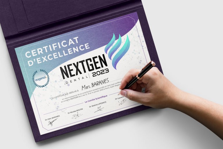 NextGen 2023 dental etkinliği için imzalanmış, grafik tasarımlı ve yaratıcı logolu modern mükemmellik sertifikası.
